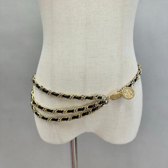 Gold braided chain and faux‎ leather layered chain belt Medallion detail Size XS main image 13